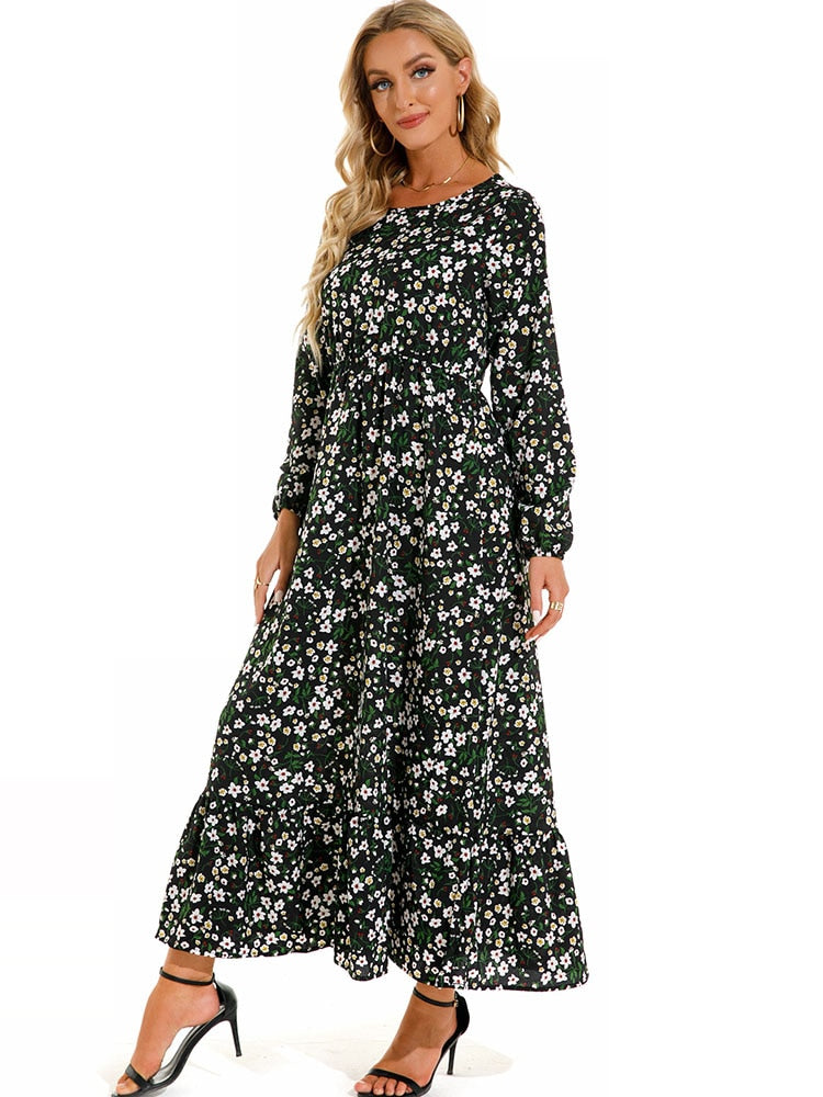 vmtvr - Elegant Floral Print Women Dress Spring Summer Casual O Neck Long Sleeve Chiffon A Line Long Maxi Dress Party Vestidos