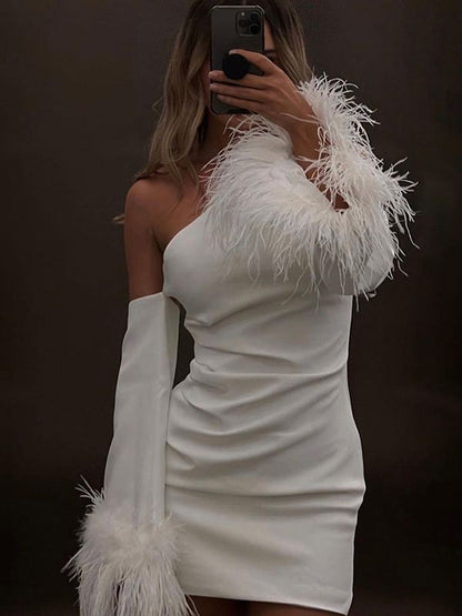 vmtvr One Shoulder Long Sleeve Mini Dress With Feathers Black Autumn Party Evening Club Furry Bodycon Sexy Dresses Women