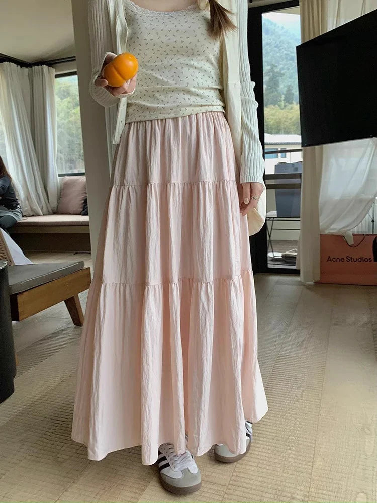 vmtvr Summer Chic Pink Long Skirts for Women 2024 New Elegant A Line Cake Skirt Woman Korean Fashion Casual Midi Skirt