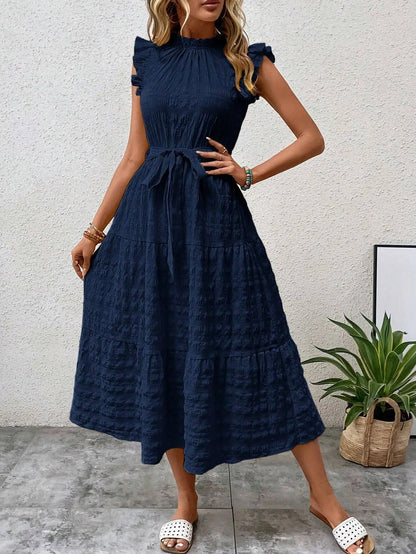 vmtvr  -  Ladies summer new fashion ruffled flying sleeves lace-up textured dress Office Lady dress