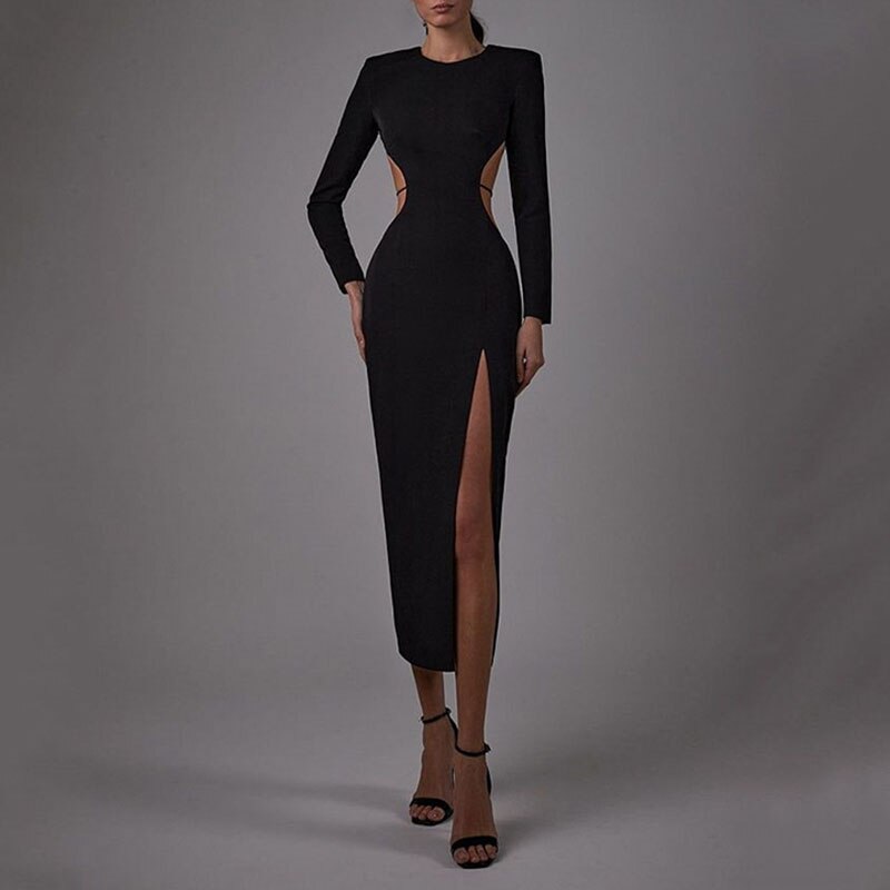 Sexy Backless Full Sleeve Maxi Dresses for Women Elegant Fashion Bandage High Split O Neck Bodycon Club Party Long Dress Clothes