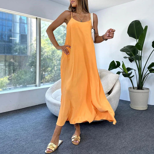 vmtvr 2024 Spring Summer V-neck Spaghetti Strap Dress Women Solid Loose Boho Long Dress Sexy Off Shoulder Sleeveless Hollow Maxi Dress