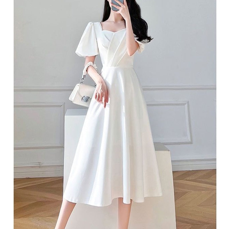 vmtvr - Elegant Chic Beads Square Collar White Party Dresses for Women Summer Ruffled Puff Short Sleeve Slim Fit Fairy Midi Dress Female