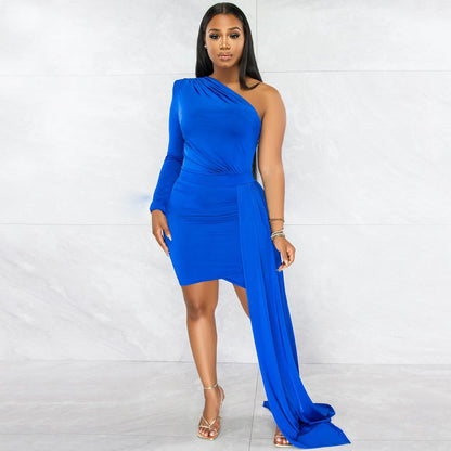 vmtvr Fall Party Dresses For Women 2023 Fashion Royal Blue Single Sleeve Long Strap Accent Mini Dresses Summer Womens Ruched Bodycon Party Dress Sexy Clubwear