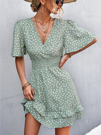 Sexy V Neck Mini Dress For Women Fashion Floral Slim Short Dresses Female Lotus Leaf Sleeve Elegant Dress Summer Vestido Mujer