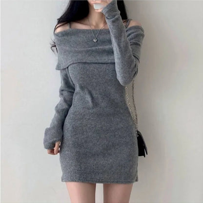 -Korean Knitted Mini Dress Women Off Shoulder Sexy Bodycon Dress Autumn Winter Solid Pullover Dresses  Suspender Sweater