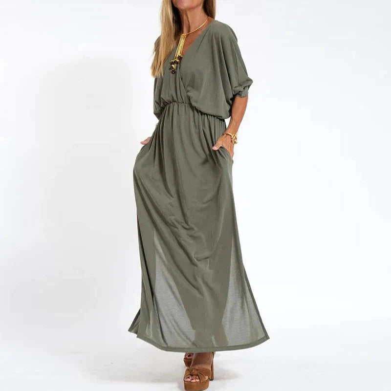 vmtvr Spring Summer Lady Casual Long Dress Sexy V-neck Side Split Solid Party Dress Elegant Half Sleeve Elastic Waist Pleat Maxi Dress