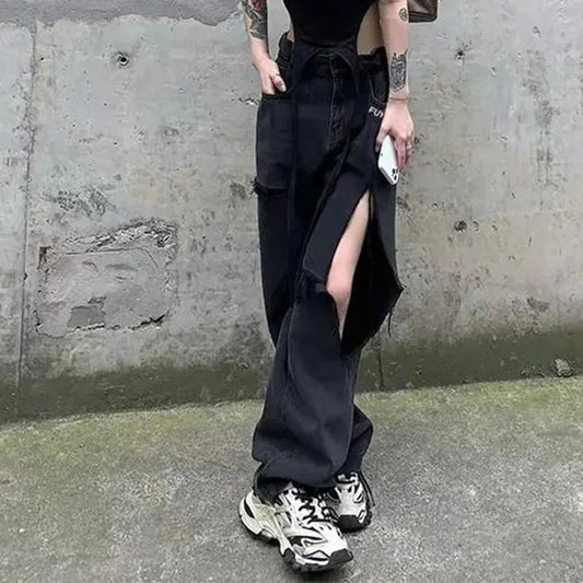 vmtvr High Waist Women Hollow Out Jeans American Style Hip Hop Hole Loose Wide Leg Pants Summer Fashion Streetwear Female Denim New