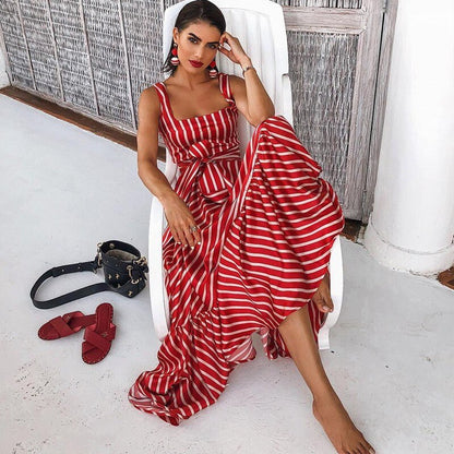 vmtvr Women Dress Striped 2024 summer beach dress Bohemia Dress Sexy Long Maxi Dresses Bow Lace Up Ruffles Long Summer Dress