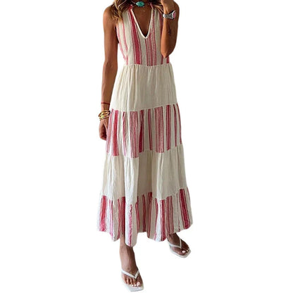 Shdowlass  -  Summer Elegant Sleeveless Pleated Long Dress Women Fashion Striped Print Tank Dress Sexy Deep V-neck Loose Bohemian Party Dress