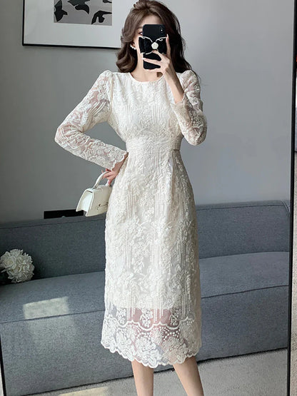 vmtvr Summer White Lace Hook Flower Hollow Midi Dress Women Fashion Chic Luxury Party Evening Dress 2024 Korean Vintage Festival Dress