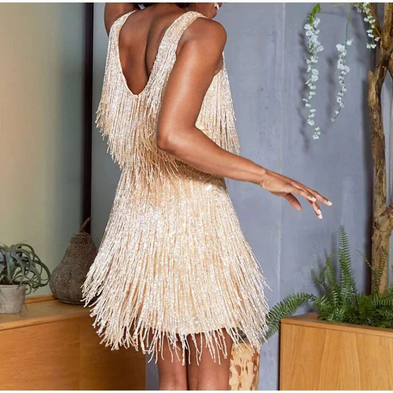 vmtvr  - New Sexy Tassel Sequins Feather Mini Dress Women Spaghetti Strap Stitching Dresses Female Elegant Evening Party Club Dress