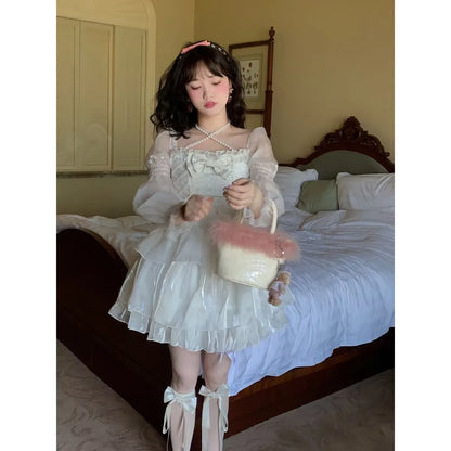 vmtvr Japanese Sweet Fairy Lolita Dress Women White Mesh Elegant Princess Dress Female Bow Casual Evening Party Dress Summer Slim