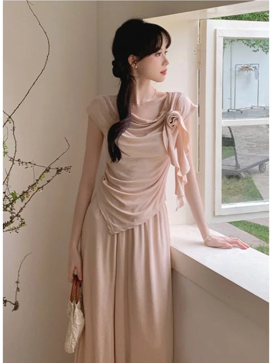 vmtvr 2024 Summer New Flowers Korean Fashion Irregular T-Shirt Top Women's French Elegant Pastoral Casual Long Skirt Two Piece Set