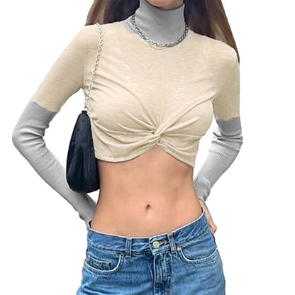 -Fall Outfits -Fall Outfits Long Sleeve Top  Women Turtleneck Exposed Navel Tees Crop Tops Casual Slim Fit Long Sleeve Front Ruched Patchwork T-Shirts Streetwear