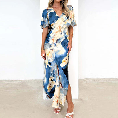 vmtvr Sexy V-neck Tie Dye Printed Long Dress 2024 Summer Short Sleeved Side Slit Beach Dress Elegant Women's Slim Party Dress Vestidos