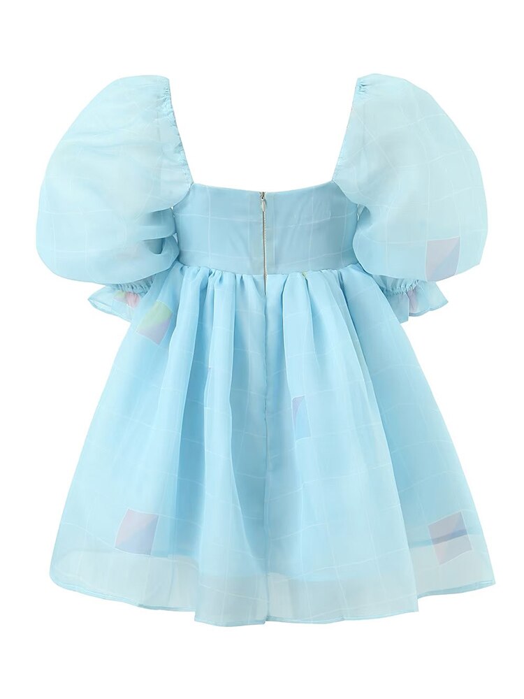 Summer Women Sky Blue Plaid Organza Dress Vintage Puff Sleeve Ladies Holiday Party Mini Robe