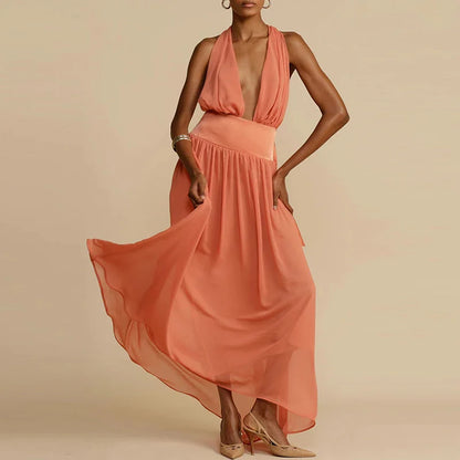 vmtvr Bohemian Deep V-neck Halter Chiffon Long Dress Women Spring High Waist Irregular Maxi Dress Summer Backless Hollow Party Dresses