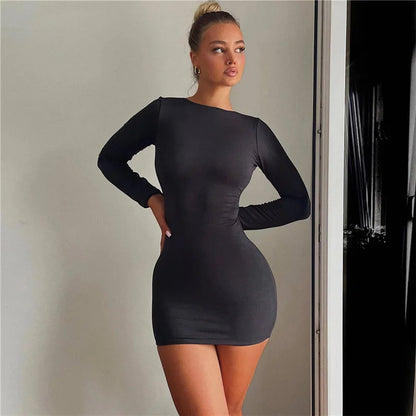 vmtvr Autumn Fashion Sexy Open Back Solid Slinky Mini Dress Club Party Outfits Long Sleeve Round Neck Bodycon Dresses