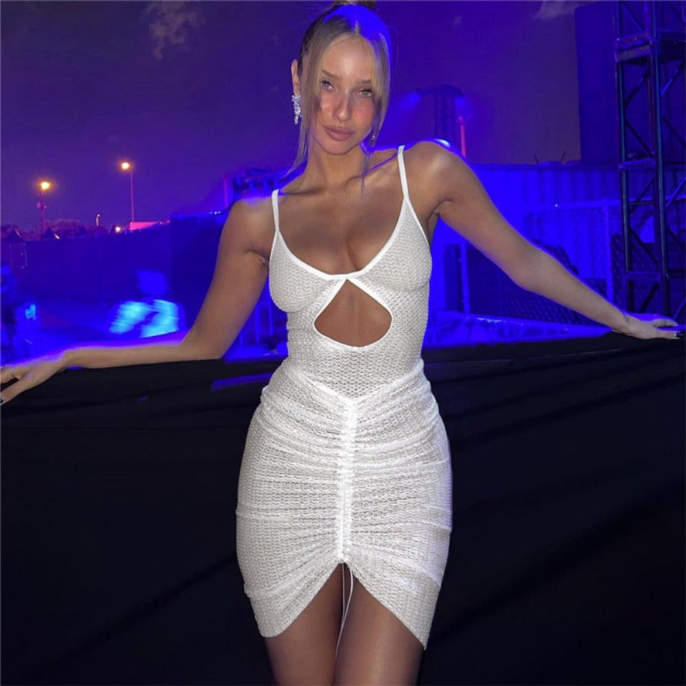 vmtvr Sexy Hollow Out Mini Dress Women Fashion Strap Ruched Bodycon Beach Dresses 2023 Summer White See Through Night Club Outfits