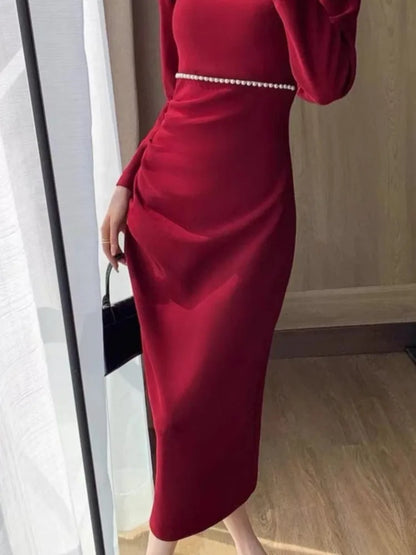 vmtvr Autumn Fashion Vintage Women Red Dress Sexy Bodycon Slim Party Wedding Dresses Chic Elegant Female Clothes Robe Vestidos