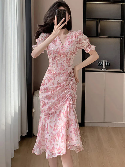 vmtvr 2024 Pink Floral Chiffon Sequins Luxury Prom Clothes Women Short Sleeve V-Neck Casual Ruffled Dress Summer Korean Fashion Dress