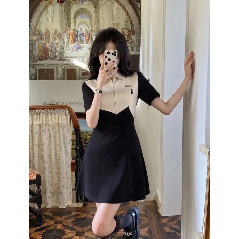 vmtvr Patchwork Fork Women Dress Korean Fashion Zipper Short Sleeved Dress Y2K Summer Grace Female Preppy Style Dresses New