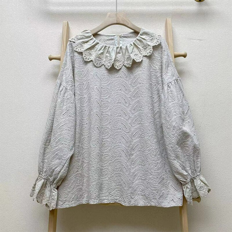 Spring Autumn Sweet Fresh Embroidered Shirt Women Clothing Petal Sleeved Loose Blouse Mori Girl Feminine Cute Tops K062