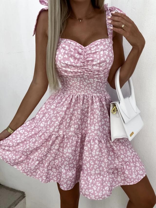 vmtvr - 2023 Summer Fashion Short Boho Dress Women Mini Floral Print Dress Female Sleeveless Hanging Belt Printed Waist Folded Dress