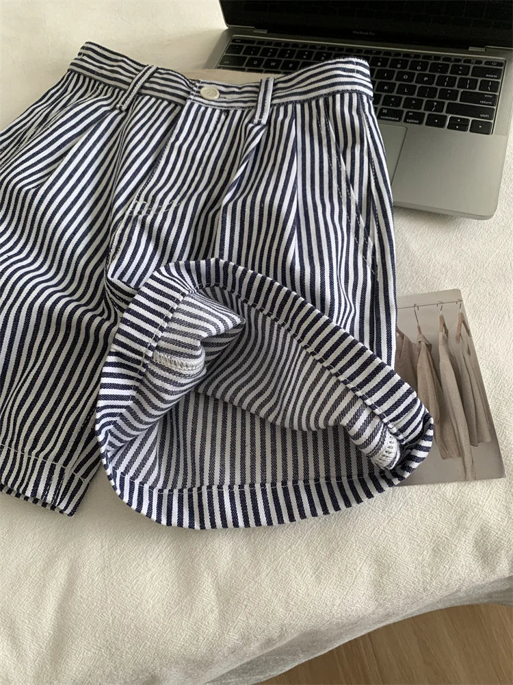 vmtvr Blue Striped Boxer Shorts Women's Commuting Fashion Casual Slimming A-line Wide Leg Pants Summer