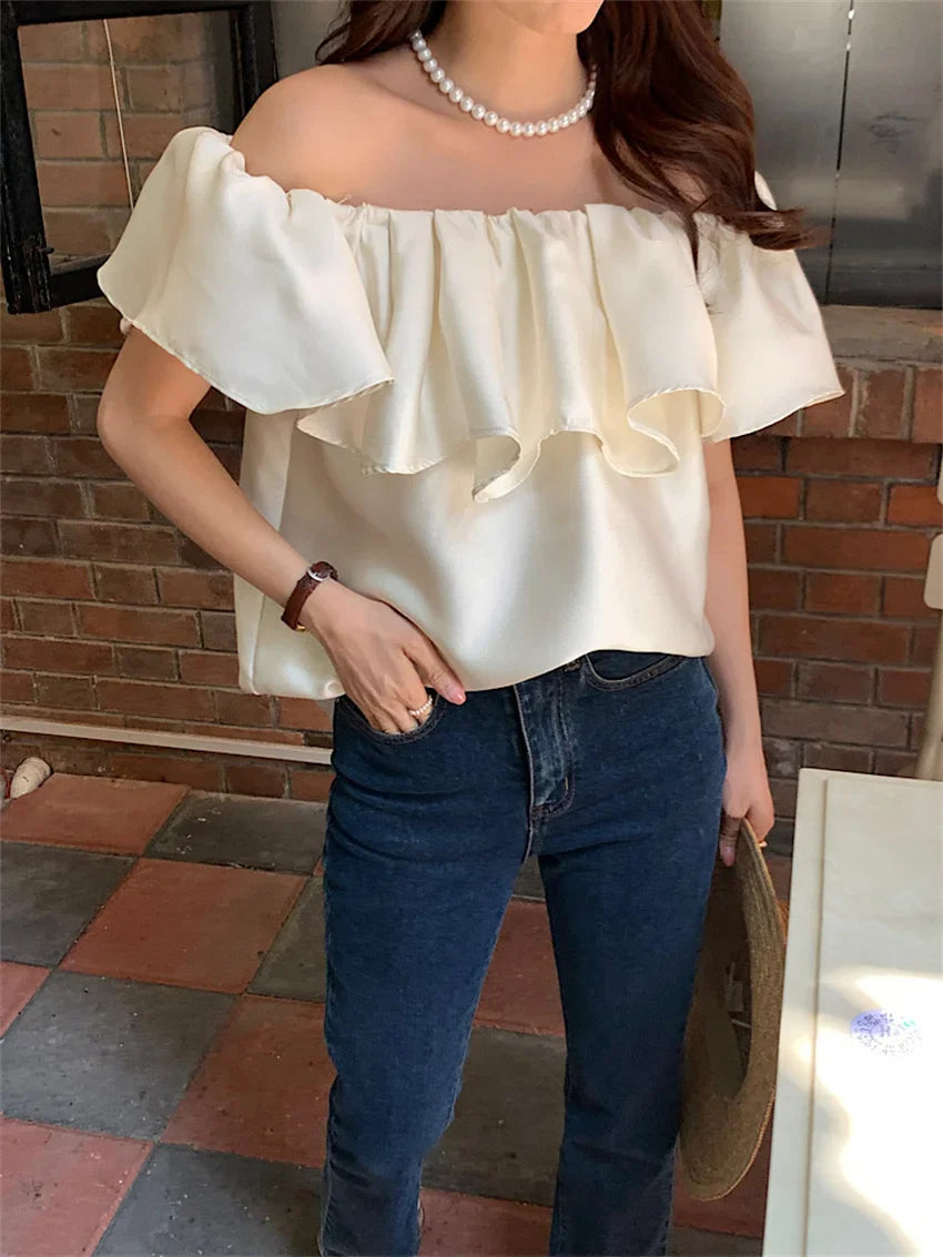 vmtvr Apricot Blouses Women Slash Neck Elegant Chic Lady Office Wear Off Shoulders Sexy Summer Short Sleeve Slim New