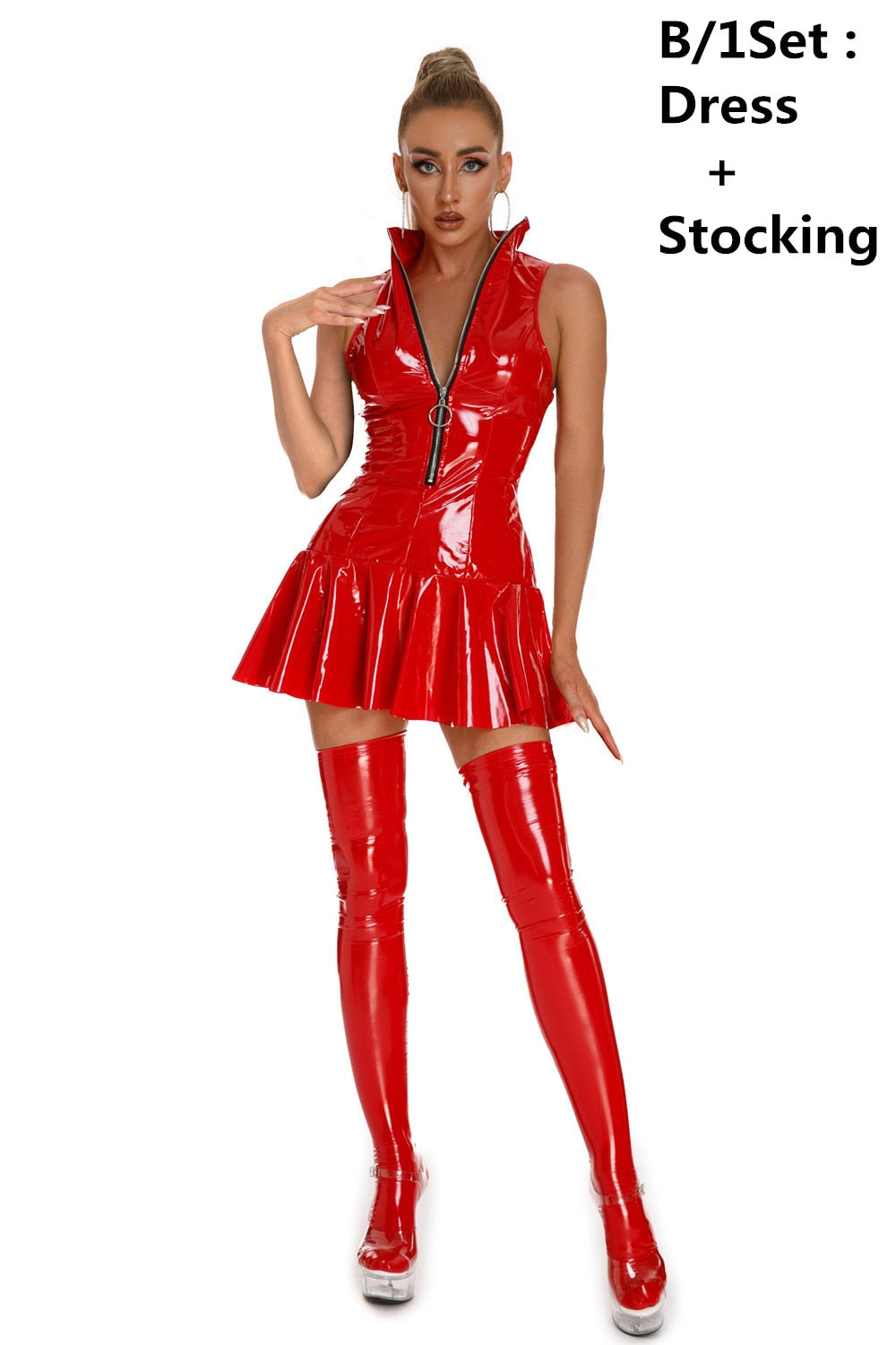 Sexy Womens Dress Clubwear Wetlook Latex Bodycon Costume Glossy Zipper Wet Look Pu Leather Sleeveless Pleated Dresses