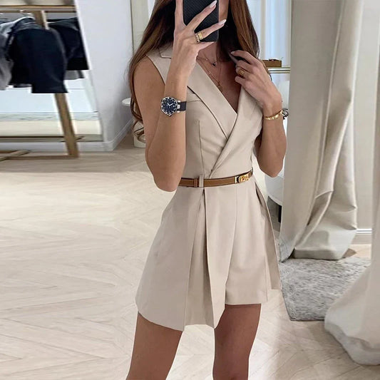 vmtvr 2024 Spring Notched Collar Short Jumpsuit Women Elegant Solid Pleated Playsuit Romper New Summer Sleeveless Tank Office Overalls