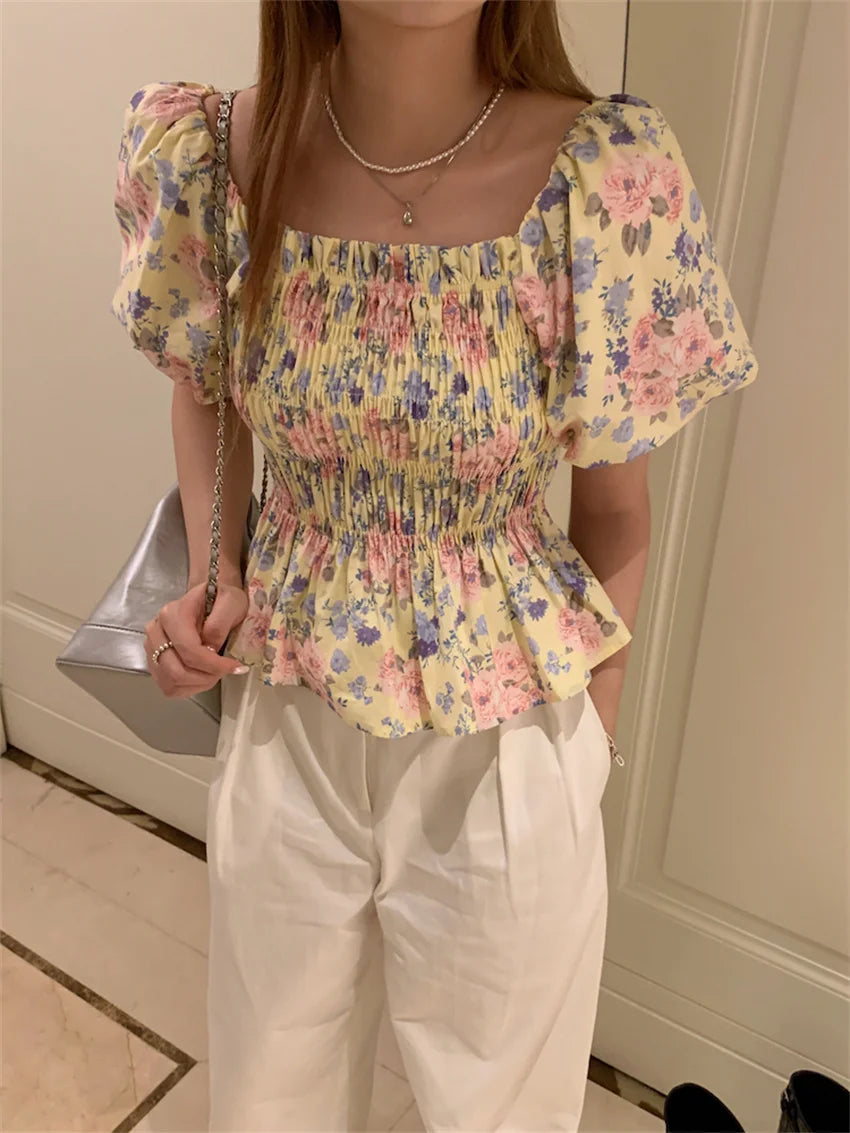 vmtvr Florals Slash Neck Blouses Women Sexy Slim High Street Printed Short Puff Sleeve Casual Sweet Summer Vintage