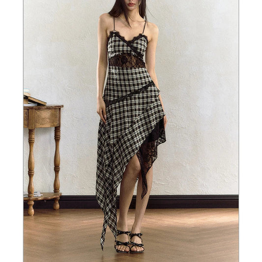 vmtvr  -  Summer Spaghetti Strap Plaid Midi Dress Women Banquet Lace Gyaru 2000s Aesthetic Vintage Irregular Frocks Party One-Piece