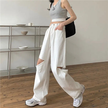 vmtvr Y2K Women Solid White Jeans Korean Retro Ripped Female Denim Trousers Summer Fashion Streetwear Loose Wide Leg Pants