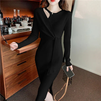 vmtvr Vintage Solid Knitted Dress Women Autumn Winter Elegant Lady Bandage Slim Sexy Midi Dress French Sweater One-piece Dress