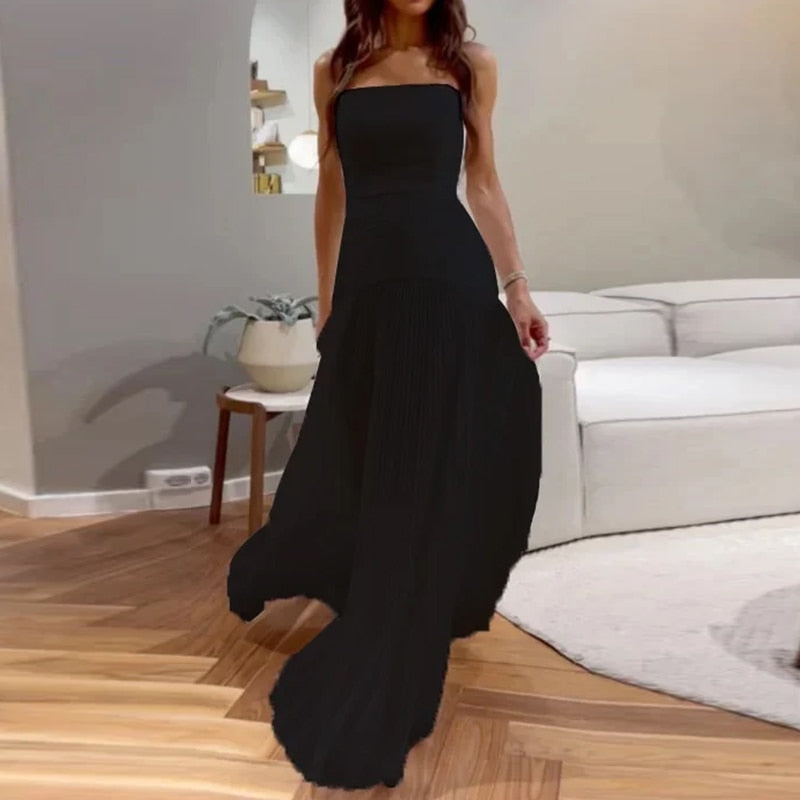 Women Maxi Dress Summer Fashion Strapless Pleated Solid Sleeveless Slim Nipped Waist Evening Party Dresses Streetwear