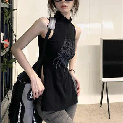 vmtvr Summer Fashion Printed T Shirts Women Casual Streetwear Slim Tops Y2K Female All Match Slit Sleeveless Tees