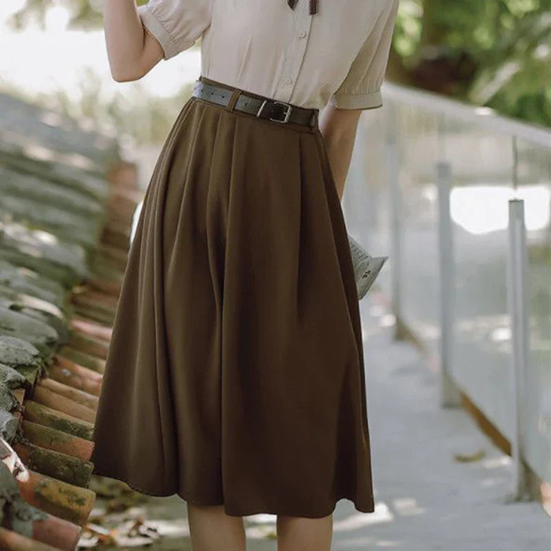 vmtvr Summer High Waist Pleated Skirts Women Korean Casual Loose Midi Skirts Fashion Female Elegant Solid A Line Skirts New