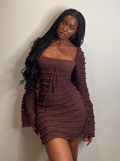 vmtvr - Elegant Multilayer Lace Backless Mini Dress Women Brown Square Collar Long Flare Sleeve Club Party Sexy Dress Autumn