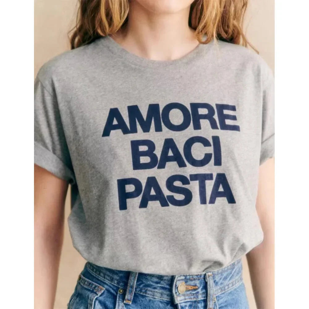 -Retro sports style outfit streetwear 90s fashion Amore Baci Pasta Letters Printing Summer Gray T Shirt Women Loose Cotton Casual Tops Tees Vintage Style Elegant Shirts