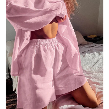 vmtvr Simple Women's Cotton Linen Suit Spring and Summer Women's Fashion Pleated Long Sleeved Shirt Loose Breathable Casual Shorts Set