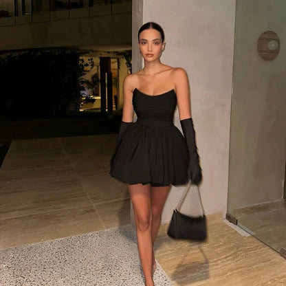 New Sexy Nightclub Birthday Party Dress Sweet Tube Top Short Skirt Hepburn Style Pleated Black DressALine Skirt Women Dress