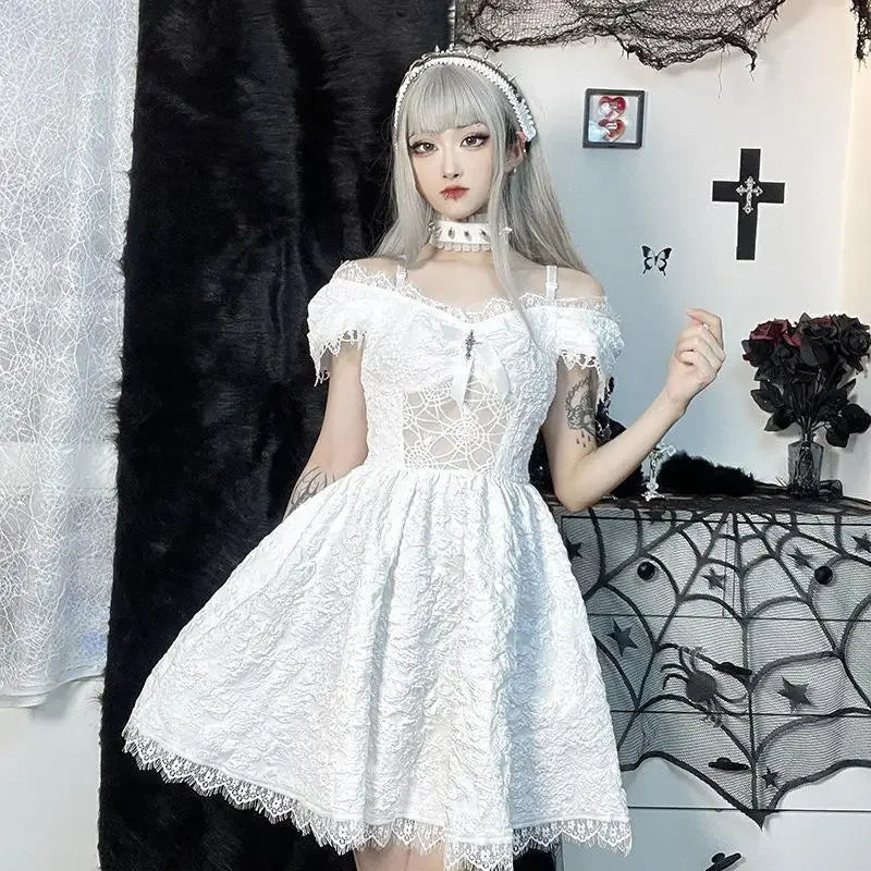 vmtvr  -  Gothic Cosplay Women's Party Dress Black White Red Halloween Harajuku Lolita Kawaii Sundress Cute Soft Girl Y2k Short Dresses