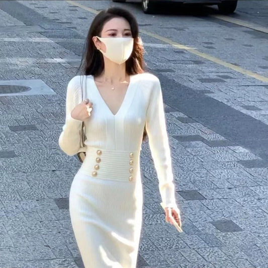 Long Sleeve Sweater Dress Woman Sexy Midi Birthday Female Knit Evening Dresses Chic and Elegant Party Gala Luxury Designer White