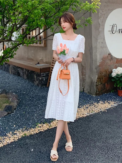 vmtvr French White Women Summer Vintage New Elegant Dresses Square Collar Slim Fairy Long Dress Office Lady Robe 2024 Female Clothing