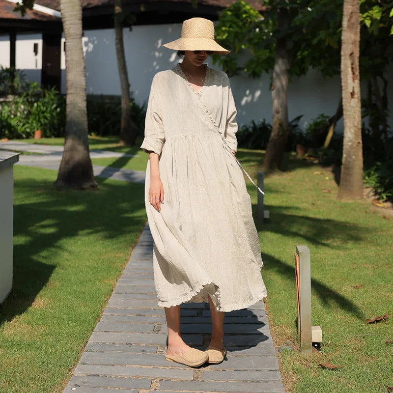 vmtvr  - Vintage French Cotton Linen Women Dress Fashion Long Sleeveless Bandage Loose Casual Maxi Lady  Holiday Dresses Vestidos