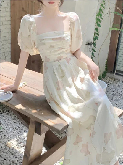 vmtvr French Elegant Floral Midi Dress Women Casual Puff Sleeve Even Party Dress Beach Style Fashion Dress Korean Chic Summer