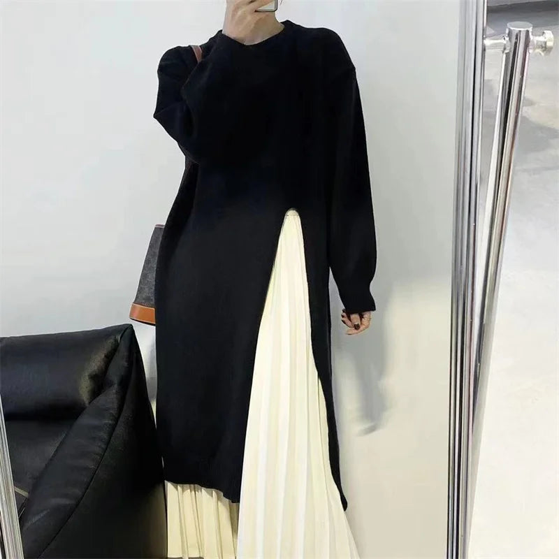 vmtvr Women's Side Split Knitted Sweater Dress Autumn Winter Solid Design Woolen O-Neck Long Sleeve Dress Loose Fashion Midi Robe